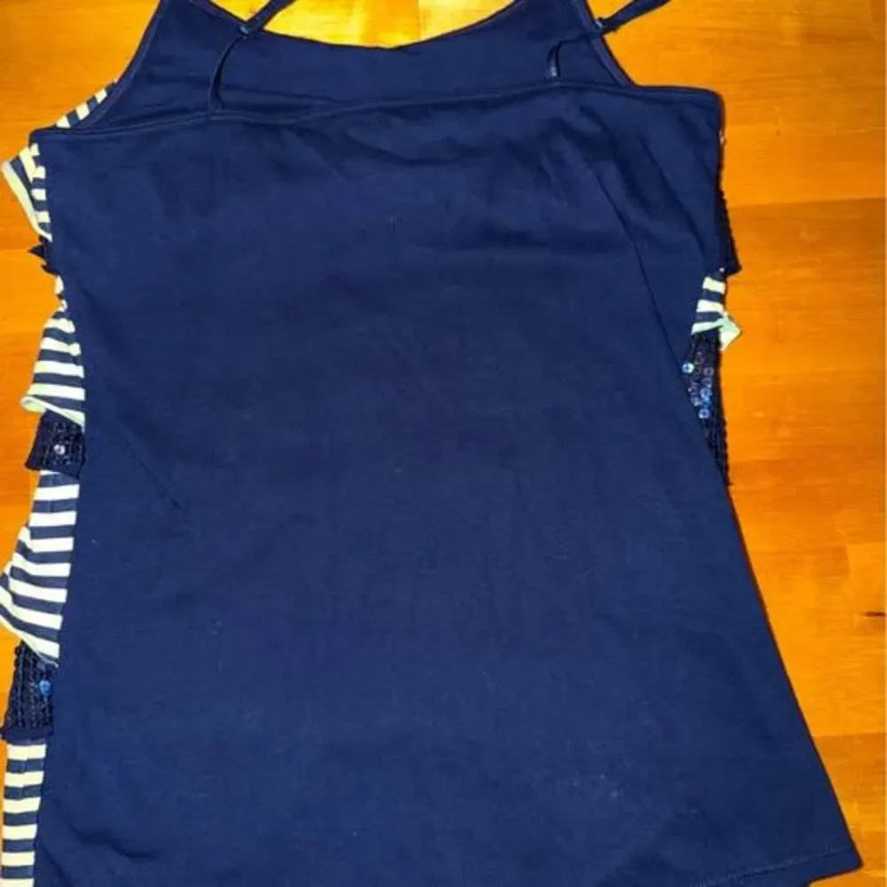 Girls Justice Navy Blue and White Stripped and Sequin Spagetti Strap Shirt Sz 16